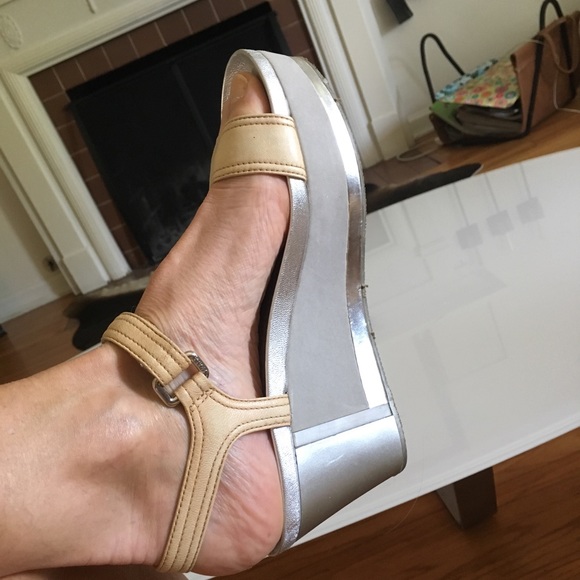 Prada Tan and Silver Wedge Sandals - Picture 2 of 8